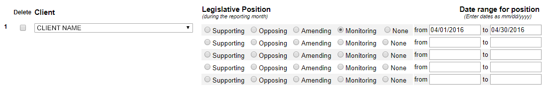 For the client, the legislative position monitoring selected with the date range of 4/1/2016 to 4/30/2016.